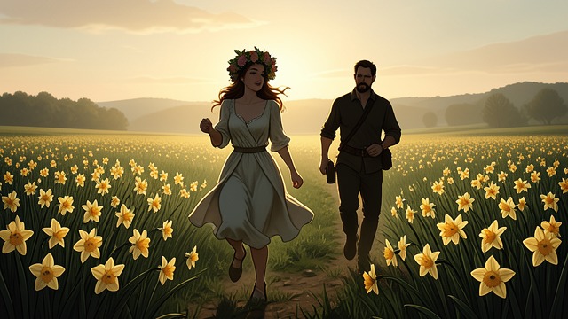 Daffodil Field from "A cataclysmic lack of Harmony". Daffodil Field The beloved runs through a field of daffodils wearing a crown of flowers. The image creates a temporary kingdom inhabited by only two people.