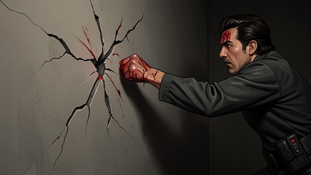 Bloody Wall from "A cataclysmic lack of Harmony". Bloody Wall The speaker sits with head between the hands and punches a wall until bloody knocks reach the hair.