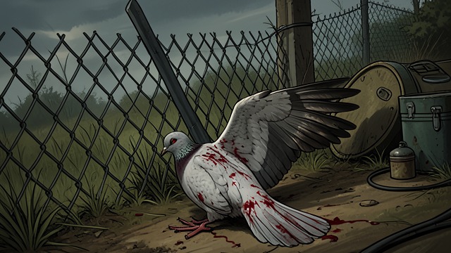 Bloody Feathers from "A cataclysmic lack of Harmony". Bloody Feathers The dove's feathers become bloody as its carcass is left by a border.