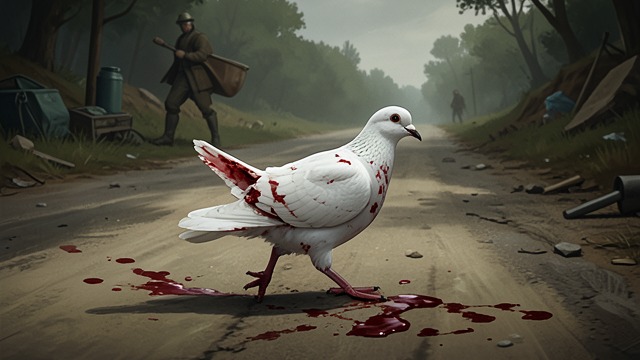Limping Witness from "A cataclysmic lack of Harmony". Limping Witness The dove limps because a man decided he wanted more than others. Its continuing movement turns injury into testimony.