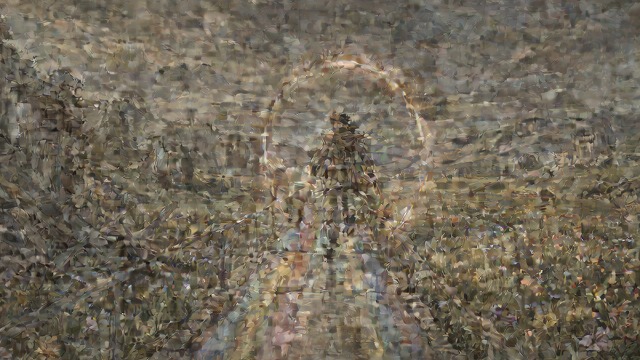 Rainbow Ride from "A cataclysmic lack of Harmony". Rainbow Ride The addressed figure is invited to ride a rainbow. The image turns survival into movement across a visible bridge between damage and possibility.