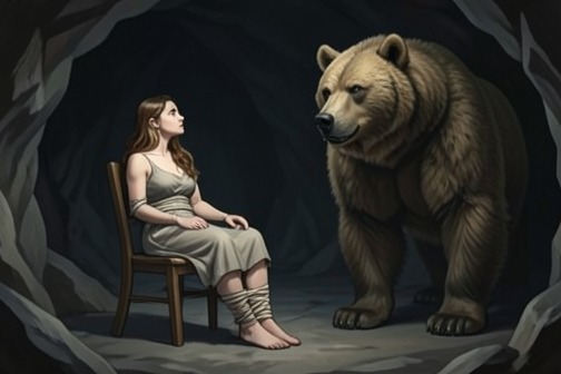Bane rescues Adrienne from a bear in the cave from "Insatiable Box Set: Books 1-4". Bane rescues Adrienne from a bear in the cave after leaving her bound and helpless inside his mountain refuge.