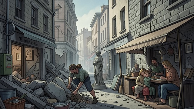 Heaven Reclaimed from "Awakening the Angel System: Apocalypse: A LitRPG Progression Fantasy". Ruins Become Capital Heaven is converted into a working city with shops, homes, signs, excavations, and government chambers.