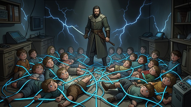 Green Bishop’s Defeat from "Awakening the Angel System: Apocalypse: A LitRPG Progression Fantasy". The Children’s Prison Jack discovers children wired into the Green Bishop’s choir and uses their stolen souls to power a barrier.