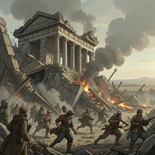 The Fall of the Theocracy from "Awakening the Angel System: Apocalypse: A LitRPG Progression Fantasy". This flow follows the Theocracy from religious refuge through civil collapse, military defeat, and resettlement in the New Frontier.