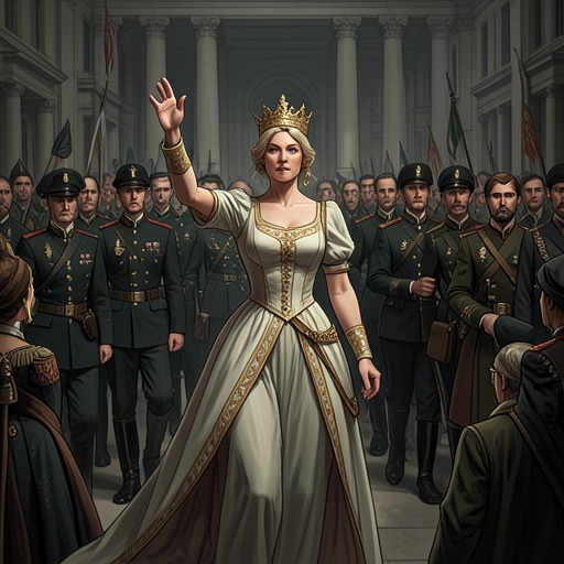 Selfia’s Transformation from Queen to President from "Awakening the Angel System: Apocalypse: A LitRPG Progression Fantasy". This flow traces Selfia’s attempt to destroy monarchy while using monarchical violence to create a republic.