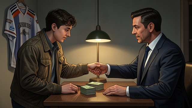 The First Payment from "Player Manager: A Sports Progression Fantasy". The First Payment Max discovers that football can produce money when Chester pays for a scouting report.