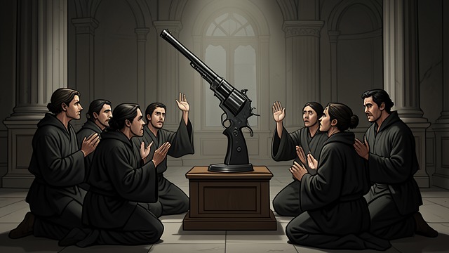 枪的崇拜者,《《枪魂》》中的场景。枪的崇拜者 子弹教会将枪奉为神明,并认为死于枪械之下是获得枪垂青的途径。 无知的信仰 教会追随者模仿枪的暴力行径,希望成为枪魂存在,尽管他们并不理解这份诅咒。 扭曲的虔诚 他们的崇拜表明,力量微薄的人很容易将武器想象成救赎的源泉。