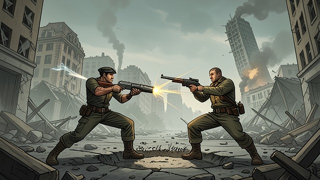 A Mirror Duel from "Gunsoul". A Mirror Duel Yuan and the Gun exchange attacks across a ruined city, each using forms of firearm power and recoil.
