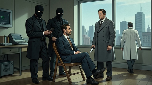 Masked Warning from "Dead Shot". A Threatening Captivity Temporary Prison Cal Murphy is tied to a chair and questioned by masked men.