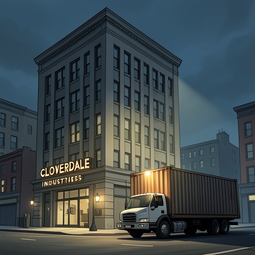 The Cloverdale Conspiracy from "Dead Shot". This flow traces Cloverdale Industries from respectable health company to drug network and finally to federal seizure.