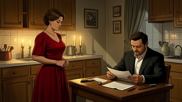 The Unseen Wife from "The Wife He Never Wanted: A Marriage-In-Crisis Billionaire Romance (Second Chance Billionaires)". The Unseen Wife Waiting To Be Noticed Paige stands in red beside candles while Maddox reads mail and speaks about business.