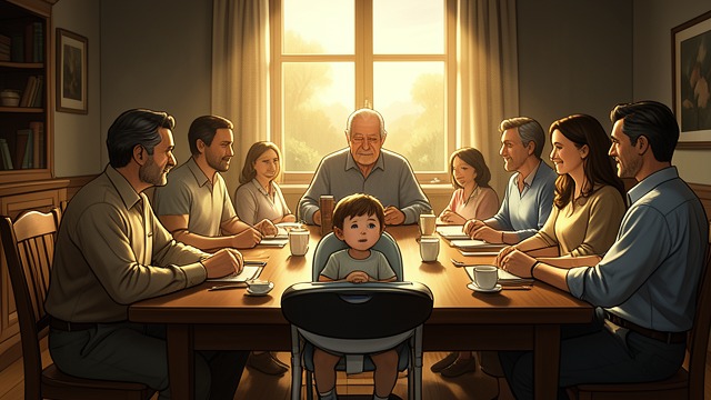 Crowded Seating from "Are We Having Fun Yet". Many Ages Together Infant seats, high chairs, and older children fill one table at the same time.