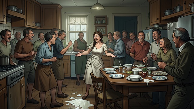 Noise and Humor from "Are We Having Fun Yet". A Loud Household Dinner includes spilled milk, competing voices, arguments, and unexpected jokes.