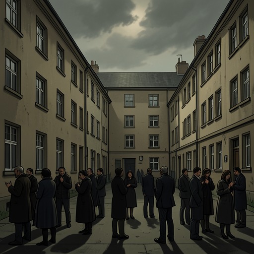 Neighborhood Surveillance from "The People Upstairs". This flow follows the apartment community's suspicion and shows how gossip becomes both threat and camouflage.