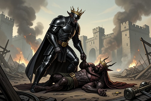 Malthios Defeats Tyraz and Destroys the Demon Fortress from "The Reincarnated Demon King's Host Just Wants to Live in Peace, But the Hero Won't Leave Him Alone". Malthios Defeats Tyraz and Destroys the Demon Fortress is the climactic reversal of the conflict between Malthios and Tyraz.