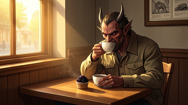 A Table at Fox Tales from "The Reincarnated Demon King's Host Just Wants to Live in Peace, But the Hero Won't Leave Him Alone". A Table at Fox Tales A hesitant arrival Malthios enters Fox Tales in his demonic form, uncertain whether Amaya will let him stay.
