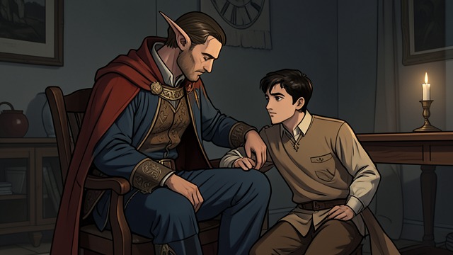 Glefald’s Final Watch from "The Reincarnated Demon King's Host Just Wants to Live in Peace, But the Hero Won't Leave Him Alone". Glefald’s Final Watch The sword master stays Hayden sits by Glefald’s room while the old elf dies, remaining present even as Theo takes the lead in care.
