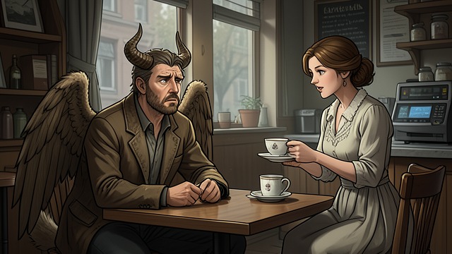 A Former King in a Café from "The Reincarnated Demon King's Host Just Wants to Live in Peace, But the Hero Won't Leave Him Alone". A Former King in a Café Power appears in an ordinary room Malthios enters Fox Tales with horns, wings, and a tail, making it impossible to mistake him for an…