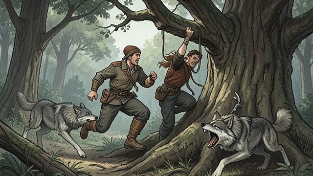 The Dire Wolves’ Pursuit from "The Reincarnated Demon King's Host Just Wants to Live in Peace, But the Hero Won't Leave Him Alone". The Dire Wolves’ Pursuit A hidden watcher attacks Theo and Wicker encounter a pack of Dire wolves while foraging.
