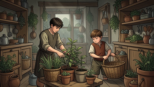 Students of the Healer from "The Reincarnated Demon King's Host Just Wants to Live in Peace, But the Hero Won't Leave Him Alone". Students of the Healer Work shared at the shop Micah and Dmitri help Theo manage the garden and shop.