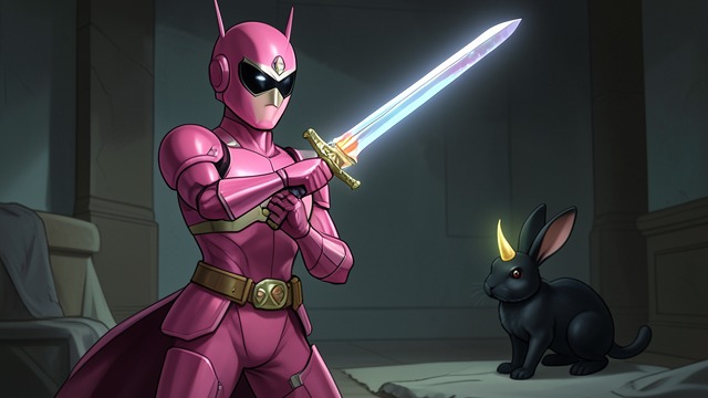 The Mimiczord from "Vainqueur the Dragon". The Mimiczord A Summoned Weapon Pink Ranger sings a description of a shiny sword, summoning Vainqueur Junior in its evolved Excalitrap form.