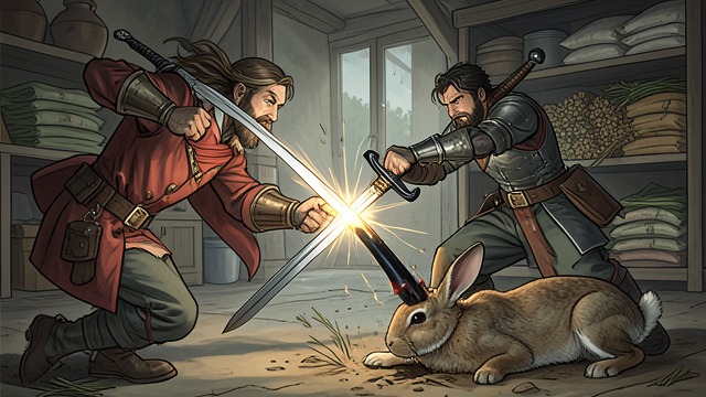 The Black Rabbit's Fall from "Vainqueur the Dragon". The Black Rabbit's Fall A Duel of Symbols Excalitrap and the Black Rabbit meet as sword and horn, each embodying a different form of predatory power.