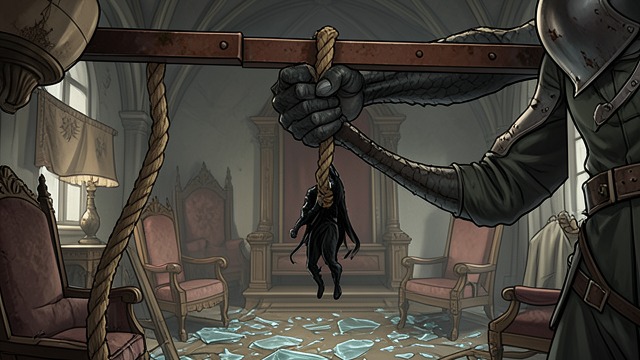 The Damsel Reversal from "Vainqueur the Dragon". The Damsel Reversal The Captured Chief Victor Dalton hangs from Furibon's ceiling while Vainqueur invades the throne room.
