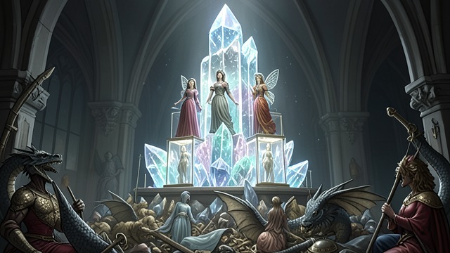 Crystal Prison from "Vainqueur the Dragon". Crystal Prison Treasures Frozen Fairy Crystals trap the princesses, turning living captives into decorations atop Vainqueur's hoard.