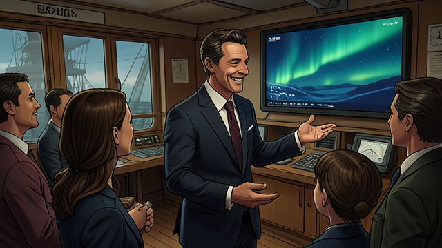 The Host’s Performance from "The Woman in Cabin 10". Charm and Control A Welcoming Front Richard speaks warmly to guests and makes the ship’s maiden voyage feel like a private celebration.
