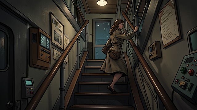 Routes to the Surface from "The Woman in Cabin 10". Climbing Out Service Stairs Carrie’s plan sends Laura up through crew passages and maintenance levels rather than through the passenger corridors.