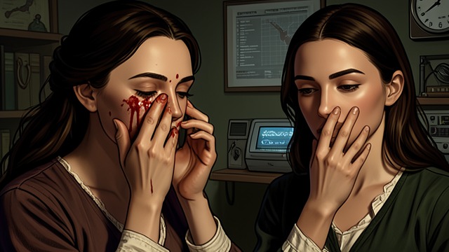 Two Faces on One Ship from "The Woman in Cabin 10". The Disguise Is Exposed The Clue Carrie wipes away blood and reveals the smooth brow that Laura associates with the supposedly ill Anne.