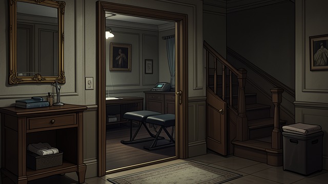 The Hidden Spa Rooms from "The Woman in Cabin 10". A Concealed Staircase Secret Access A mirrored door opens behind the spa desk to treatment rooms below the visible reception area.