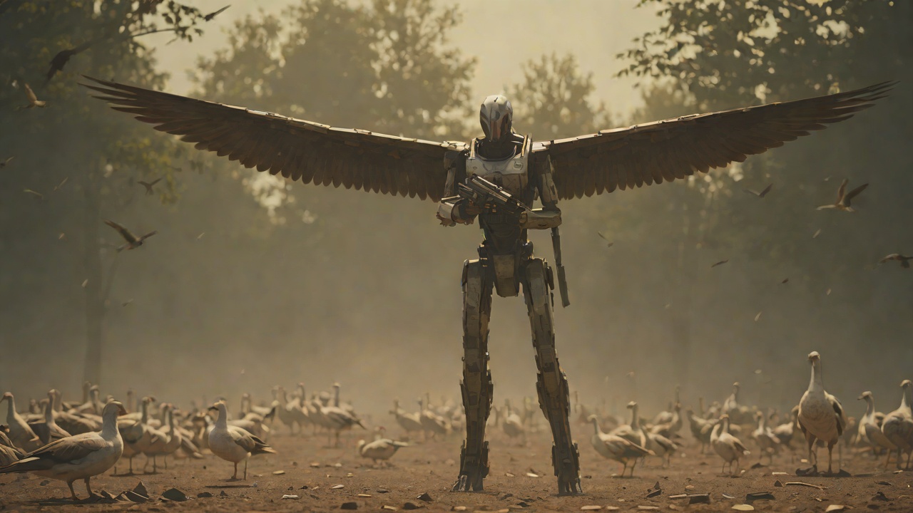 The Gunshot from "The Wild Robot". The Gunshot Context A human discovers the geese. Longneck steps forward, spreading his wings and honking to protect his flock. The human raises a rifle.