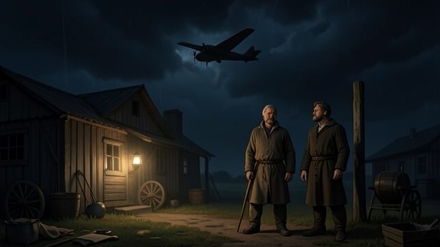 The Plane Over the Farm from "Operation Napoleon". A Plane in the Storm Witnesses to the Crash Jón and Karl hear an unfamiliar aircraft roar low over their farm in the darkness.