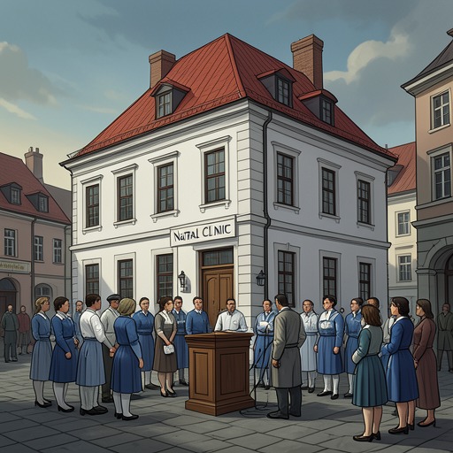 The Founding and Suppression of a Clinic from "Poor Things". This flow traces the rise of the Godwin Baxter Natal Clinic as a model of community care and the political campaign that undermines it.
