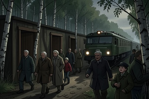 特别列车105号抵达与乘客遭杀害,《兴趣区》中的场景。105号特别列车抵达营地时,乍看之下,这批运送而来的乘客人数出乎意料地少,也很容易处置。保罗·多尔安排了一场武力展示和一场精心编排的欢迎仪式;乘客大多是儿童和老人,而且并不存在真正的筛选,因为他们早已注定要死。他们从月台出发,穿过桦树林,走向紧闭的门;一辆运载尸体的卡车则短暂撕破了这场文明抵达的幻象。