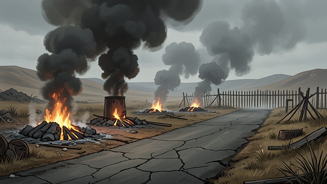 The Stained Landscape Repeats from "The Zone of Interest". The Stained Landscape Repeats Scale increases the visible damage More furnaces and cremation operations spread smoke and odor across the camp.