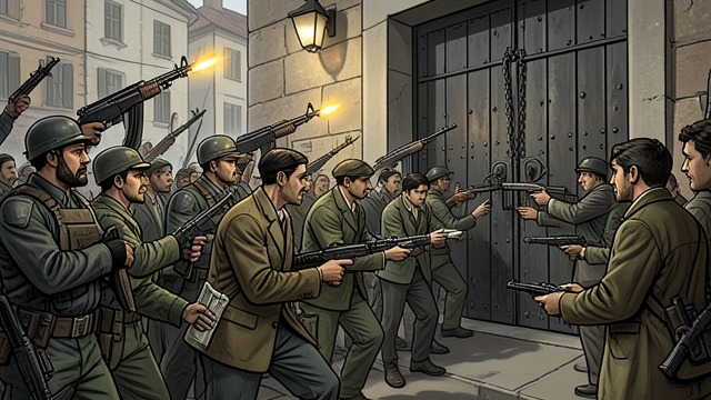 The Armed Distribution Zone from "Requiem for a Dream". The Armed Distribution Zone Buyers under weapons A cleared area is controlled by guards with machine guns as users queue to buy a limited supply.
