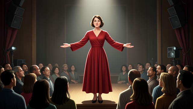 The Imagined Audience from "Requiem for a Dream". The Imagined Audience A place in the picture Sara imagines herself walking across a television stage in the red dress.