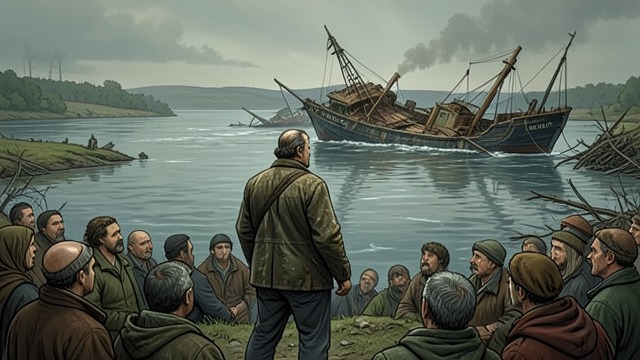 The Man on the Riverbank from "Down Cemetery Road". The Man on the Riverbank A watcher among the witnesses After the bombing, Sarah notices a bearded man watching the wreckage from the far bank.