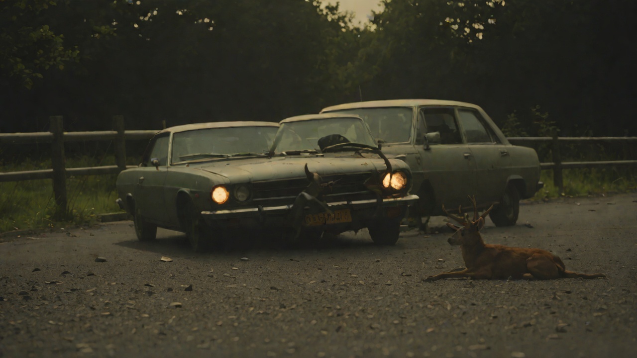 The Stag Collision from "Die, My Love". The Stag Collision Context During the forced night drive, a stag hits the windscreen of the car, denting the bonnet and leaving the dog whimpering.
