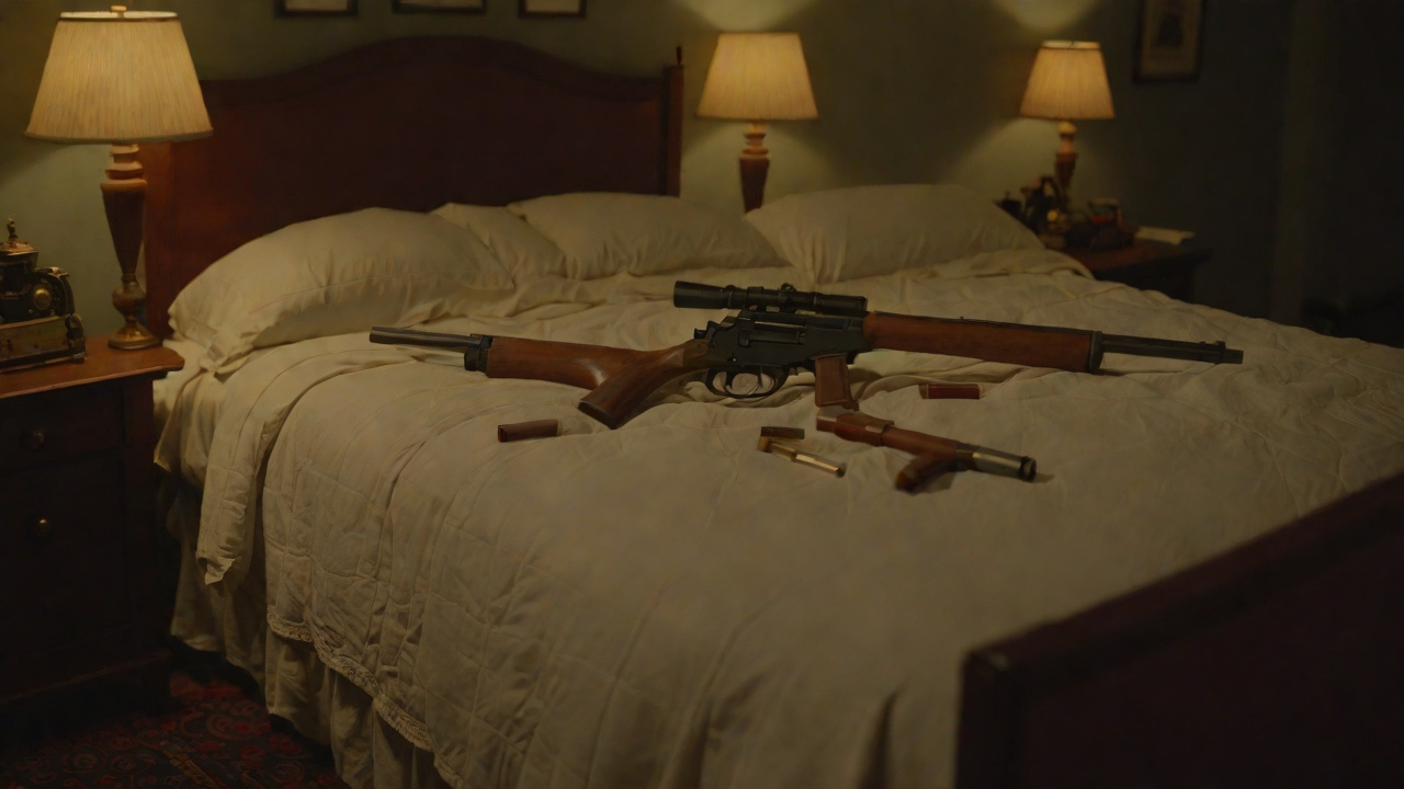 The Rifle on the Night Table from "Die, My Love". The Rifle on the Night Table Context Inside the father-in-law's bedroom there is a rifle and, on the night table, cartridges.