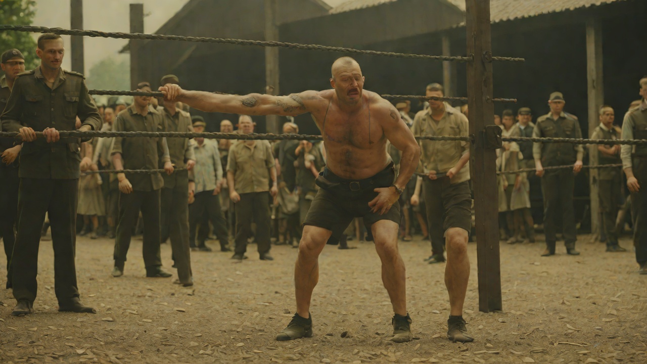 Strongman Performance from "The Tattooist of Auschwitz". Strongman Performance Jakub entertains prisoners and SS alike by bending metal rods and tossing wooden beams. Oberscharführer Houstek watches and nods.
