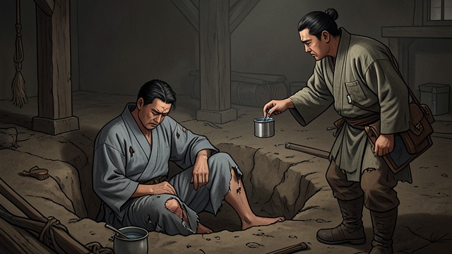 职责与求生之间的荣誉,《幕府将军》中的场景。武士拒绝饮水 忠诚随人进入囚禁之地 留在水牢里的受伤武士拒绝喝囚犯们的水,最终请求约翰·布莱克索恩帮他死去。他将自己的战败视为未能尽忠,并认为死亡是挽回荣誉仅存的途径。 对宽恕的不同理解 约翰·布莱克索恩拒绝勒死他,部分原因是他的信仰禁止蓄意杀人,部分原因是他不认为武士的请求就是自己必须服从的命令。