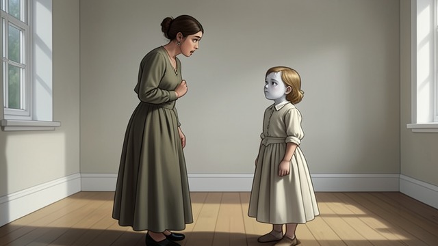 米莉照顾塞西莉亚,《女佣》中的场景。与孩子见面 令人不安的印象 塞西莉亚目光呆滞,身穿颜色浅淡的正式服装,迎接米莉。米莉开玩笑地把这个女孩想象成一个阴森的身影,显露出她对进入这个家庭的忐忑。 开始承担职责 妮娜希望米莉既帮忙照看孩子,也做家务。这次见面让米莉开始承担起责任,而此时她还不了解这个家庭真正的问题。