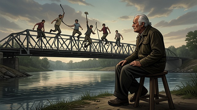 World Turned from "Train Dreams". World Turned Highway Bridge Grainier watches young ironworkers building a highway trestle over the Moyea River.