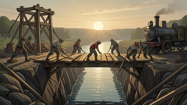 Bridge Makers from "Train Dreams". Bridge Makers Timber Engineering Grainier helps build the Eleven-Mile Cutoff Bridge across the Moyea River gorge.