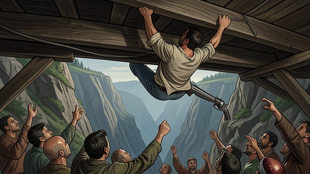 Escape Across Beams from "Train Dreams". Escape Across Beams Reversed Power The worker clings to the bridge structure and moves hand over hand above the gorge.