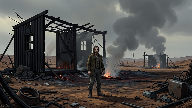Burned Ground from "Train Dreams". Burned Ground Erased Property The fire removes the cabin, tools, Bible, and recognizable boundaries.